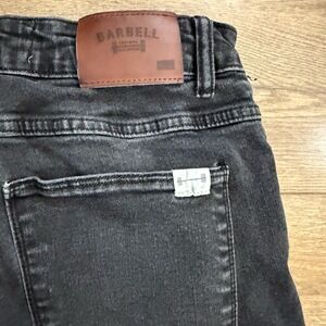 Barbell Jeans Mens 30 Black Slim Fit Black Denim Leather Brand Patch Athletic
